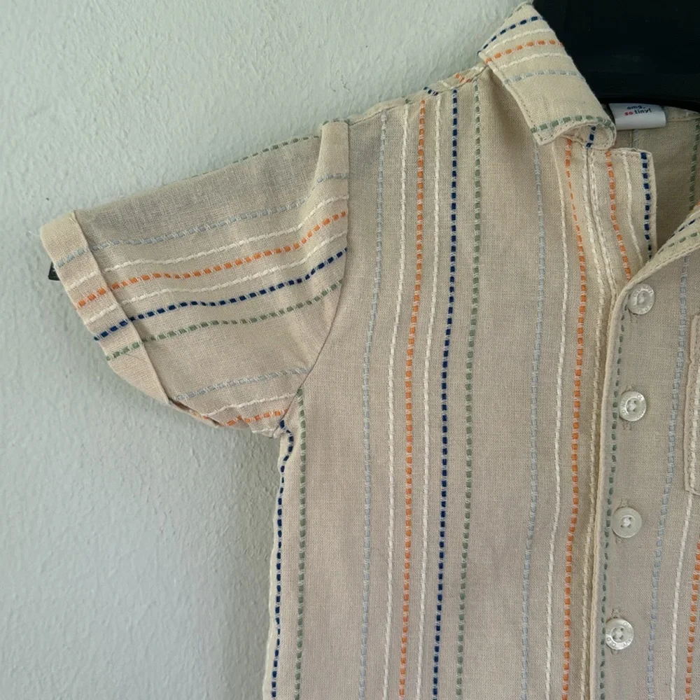 Old Navy peach embroidered texture striped Dobby pocket baby romper size 12-18M